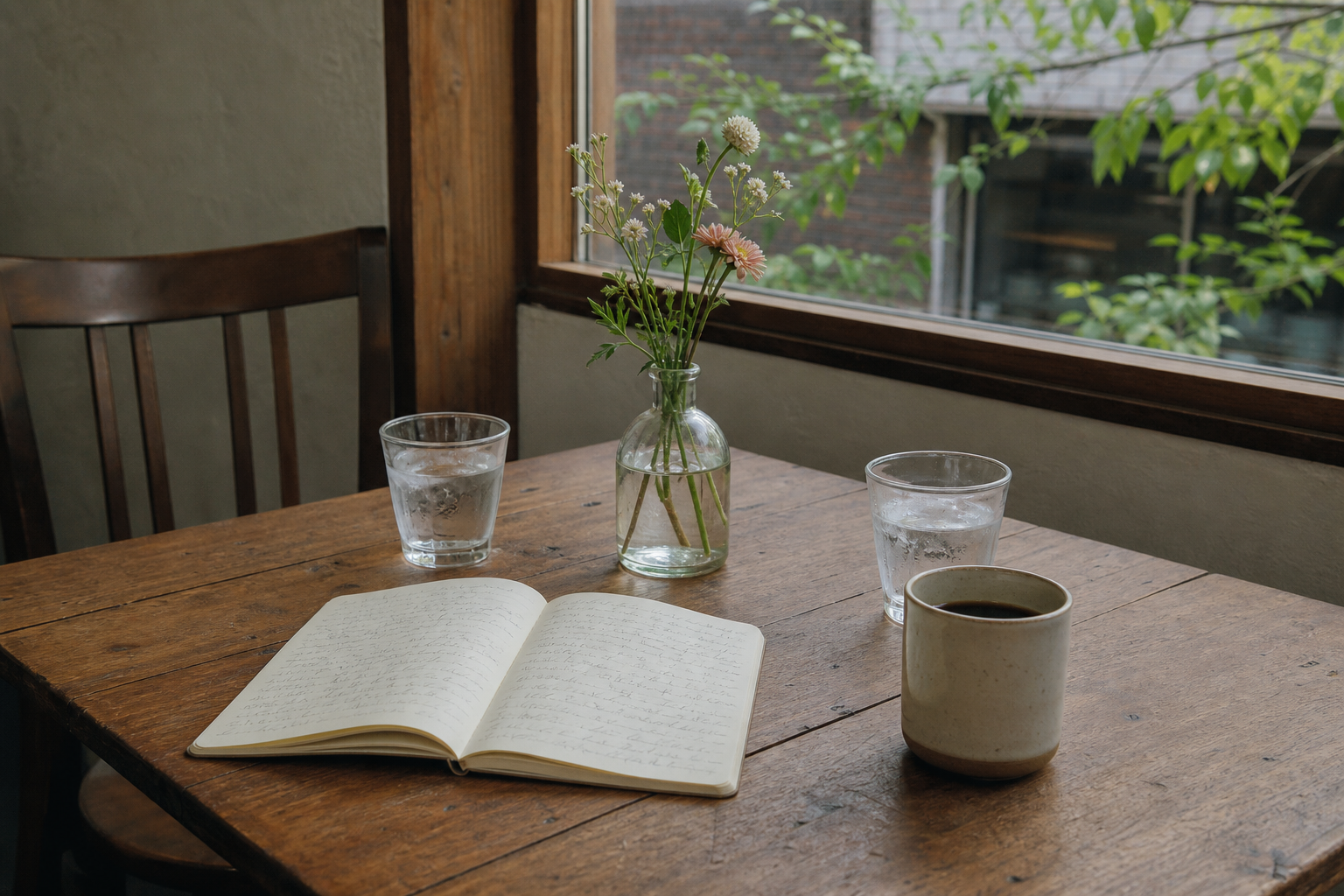 A quiet cafe table with coffee, water, flowers, and an open notebook