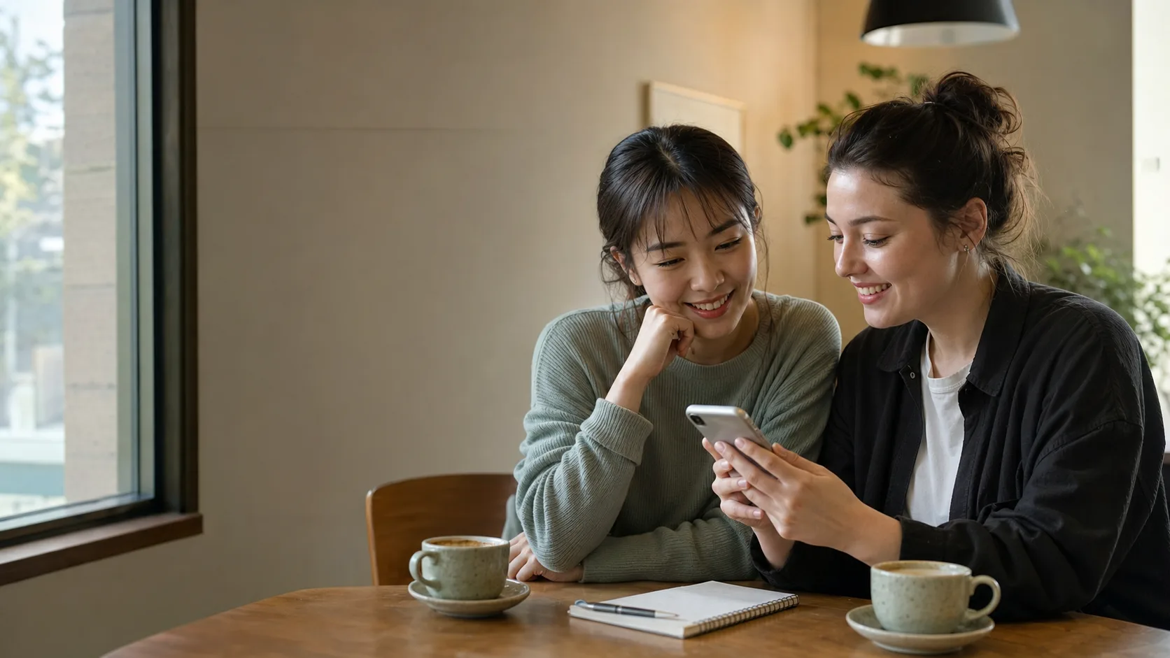 A Korean woman and an international friend sharing a translated message on a phone at a cafe
