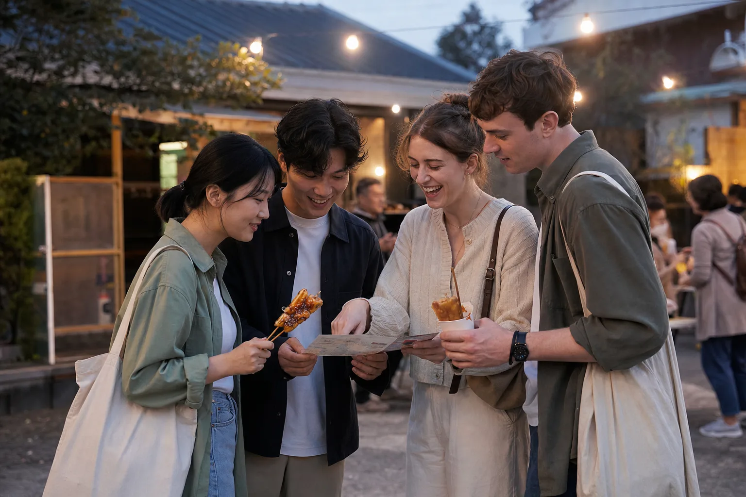 Korean and international friends sharing food and planning their evening at a neighborhood festival