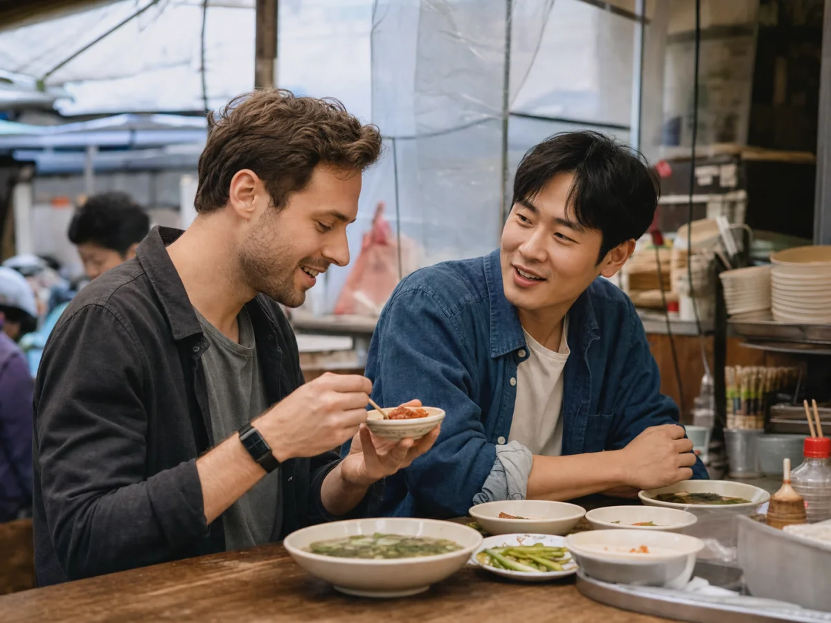 An international visitor learning about everyday Korean food from a Korean friend at a local market