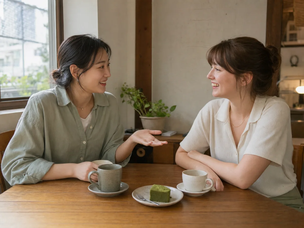 A Korean woman sharing a relaxed conversation with an international friend at a neighborhood cafe